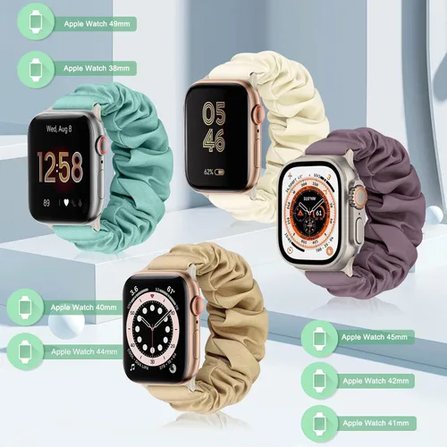 Vista 2 de Paquete de 4 bandas elásticas Scrunchie compatibles con Apple Watch de 38 mm, 40 mm, 41 mm, 42 mm, 44 mm, 45 mm, 49 mm, bandas elásticas con bonito