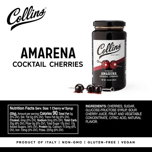 Vista 4 de Collins Amarena Cherries - Guarnición de cóctel prémium para cócteles, mezclas antiguas, cerezas italianas, tarro de cereza agria dulce de 13.4 onzas