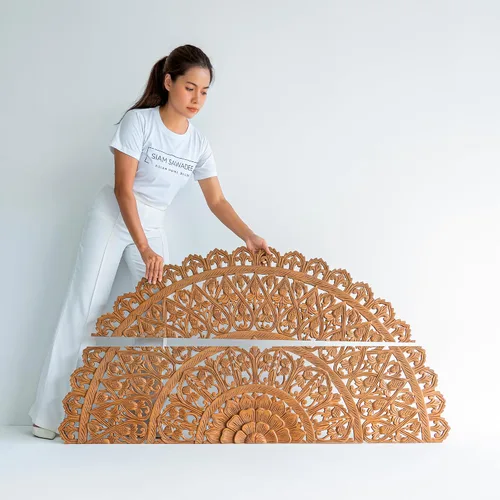 Vista 6 de Cabecero de Madera Queen Half Moon, Tallado de Mandala Redondo Elaborado en Teca Reutilizada, Muebles de Madera de por Vida Hechos a Mano