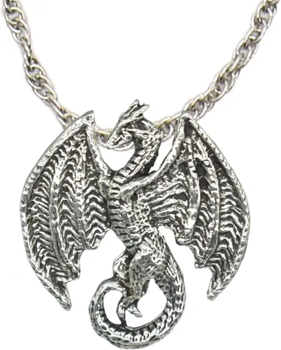 Vista 18 de Collar con colgante gótico, dragón de fantasía, Yin Yang, nórdico vikingo para regalo, estaño, cobre, oro, incluye cadena de plata de 24 pulgadas