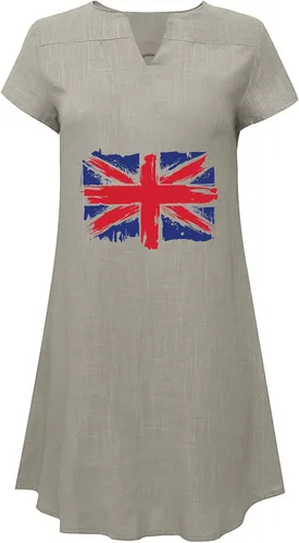 Vista 3 de Ruziyoog Cotton Linen Dresses for Women 2023 Summer Casual Loose Short Sleeve Cute Dress Trendy V Neck Plain Beach Sun Dress