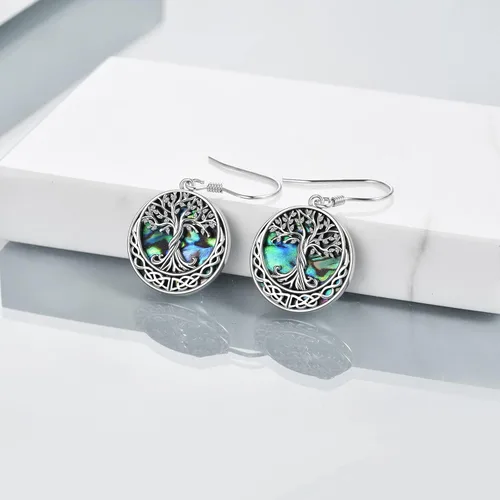 Vista 3 de Aretes de plata de ley con diseño de árbol de la vida celta con concha de abulón para mujer