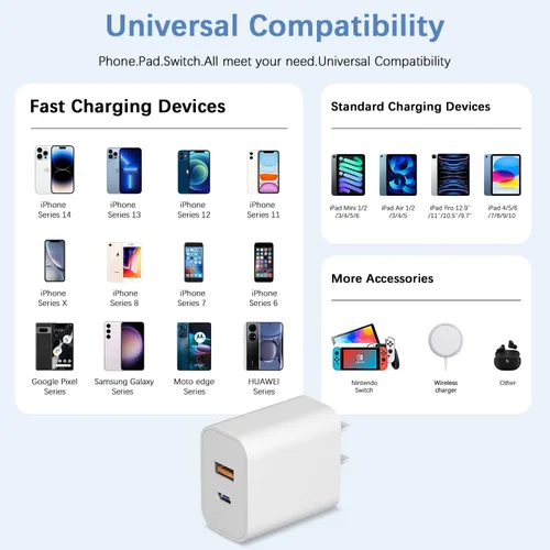 Vista 3 de Bloque de Cargador USB C Carga Rápida Adaptador Multipuerto iPhone 17 Bloque de Cargador 20W USB-C y Puerto USB-A para iPhone