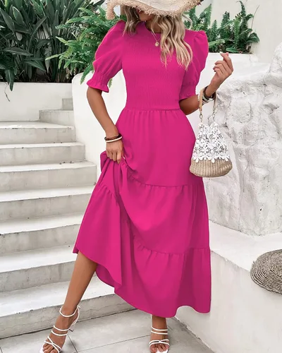 Vista 152 de BTFBM Vestidos para mujer, cuello redondo, casual, de verano, con volantes, manga corta, bohemio, con niveles, fruncido, largo, con estampado floral