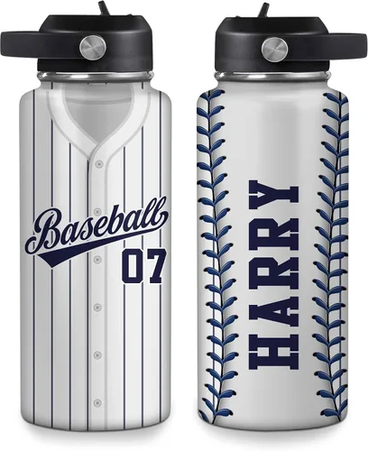 Vista 13 de Hyturtle Botella de agua de béisbol personalizada, botella de acero inoxidable aislada de viaje con tapa a prueba de fugas, 18 onzas, 32 onzas