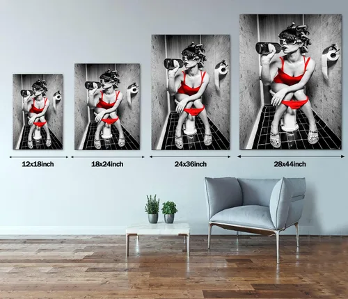 Vista 4 de Arte de pared moderno en blanco y negro sexy dama pintura mujer genial arte corporal sexy chica desnuda bebida vino tinto sentado en el inodoro
