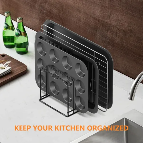 Vista 5 de KORRTFID Organizador de armario de cocina, soporte para utensilios de cocina de acero, soporte dividido con 5 ranuras para sartenes, bandeja