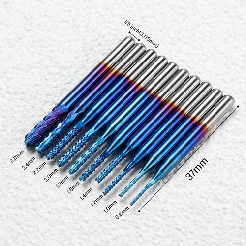 Vista 2 de SainSmart Genmitsu 10 brocas de fresadora CNC de capa nano azul, vástago de 0.031-0.118 in, vástago de 1/8 pulgadas