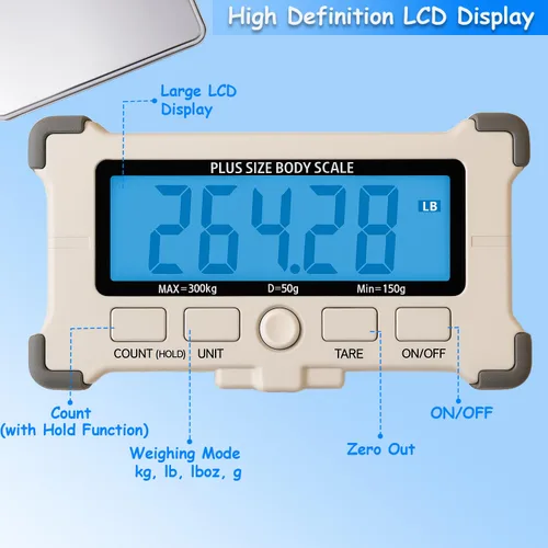 Vista 5 de Báscula resistente extra ancha para peso corporal, báscula bariátrica 661.4 lbs/660 Lb Plataforma ancha y grande, pantalla digital externa fácil