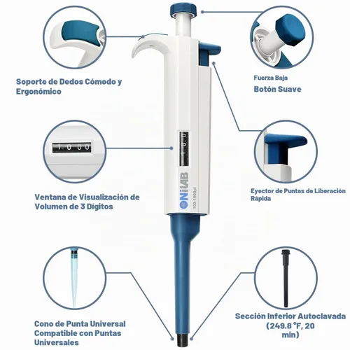 Vista 2 de Pipetador ajustable de un solo canal ONiLAB, micropipeta 0.1-2.5μL