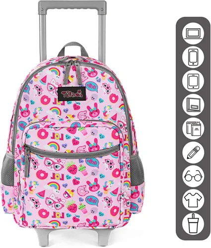 Vista 2 de Mochila rodante de 18 pulgadas con ruedas de doble asa laptop para niños y niñas viajes escuela niños equipaje para niños pequeños rosado Cat Pink