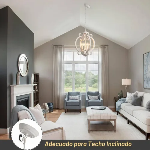 Vista 5 de Lámpara de araña de granja para comedor, lámpara de campo francés, color blanco envejecido, candelabro de madera rústica de 4 luces, lámpara