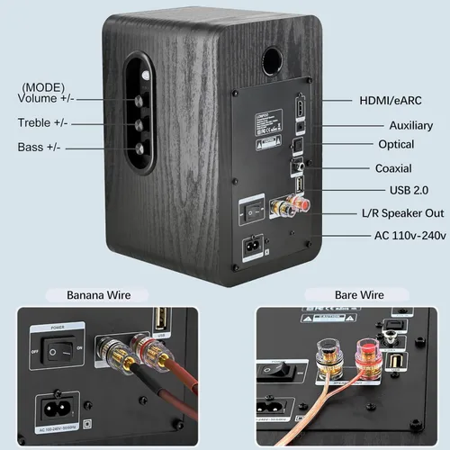 Vista 7 de LONPOO Altavoces de estantería alimentados - Inalámbrico 100W RMS Bluetooth con eARC - Potente sistema de música en casa - Sistemas de cine en casa