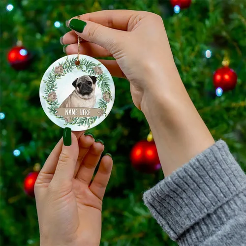 Vista 3 de Personalized Pug Sitting White Fawn Christmas Ornament - Custom Name Circle Ceramic Keepsake Gift for Dog Lovers