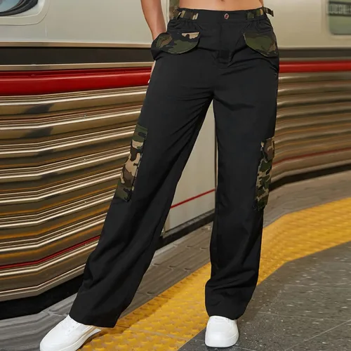 Vista 2 de Camouflage Pocket Y2k Cargo Pants for Woman,Slim Solid Pants Buttons Waist Straight Pants Plus Size Womans Sweatpants