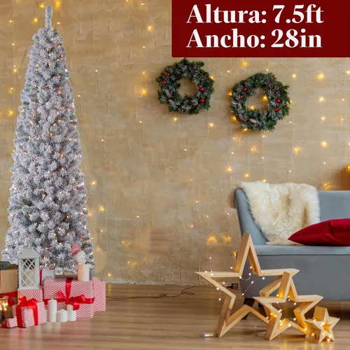Vista 3 de Árbol de Navidad artificial de lápiz flocado con luces de 7.5 pies, árbol de Navidad preiluminado artificial con 350 luces transparentes, árboles
