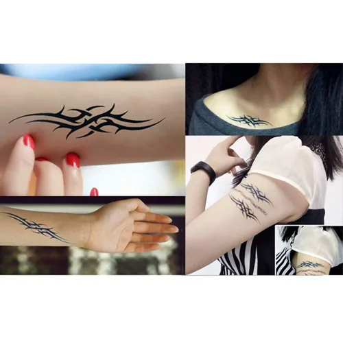Vista 7 de Yesallwas 6 hojas de tatuajes falsos tribales pequeños tatuajes temporales azul negro tribal tatuaje tatuaje cuerpo adhesivo para hombres mujeres