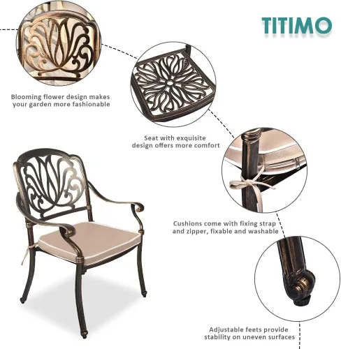 Vista 3 de TITIMO Juego de comedor de 7 piezas de aluminio fundido para patio, muebles de comedor al aire libre, juego de conversación de patio, mesa