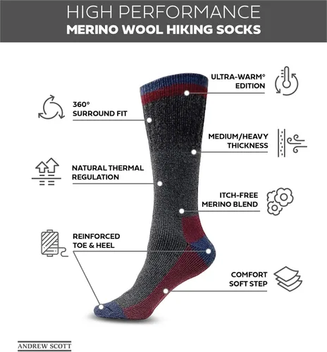 Vista 2 de Andrew Scott Calcetines para botas de lana merina para senderismo, 6 pares, para hombre