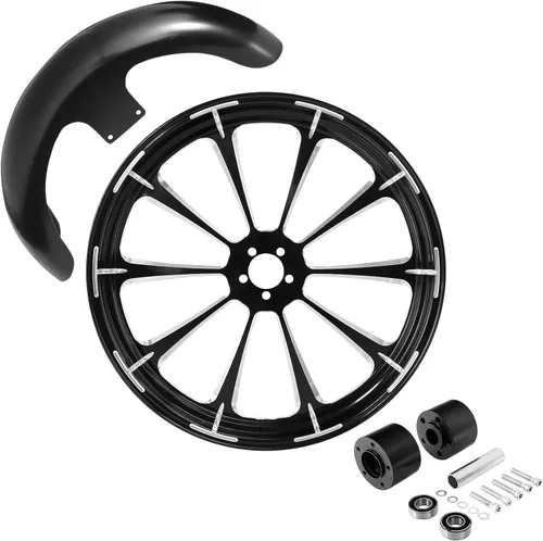 Vista 117 de TCMT Llanta de rueda delantera de 21", buje de rueda de brida de doble disco con guardabarros delantero negro sin pintar, compatible con modelos