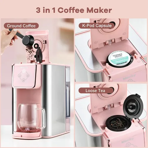 Vista 3 de Mecity Cafetera Rosa 3 en 1 Máquina de Café de Una Sola Porción, Para Cápsulas de Café de Fondo Plano, Café Molido, Taza de 6 a 10 Onzas, Depósito