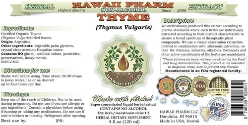 Vista 2 de Hawaii Pharm Extracto líquido sin alcohol de tomillo, grado profesional, tomillo hecho a mano en lotes pequeños (Thymus Vulgaris), suplemento