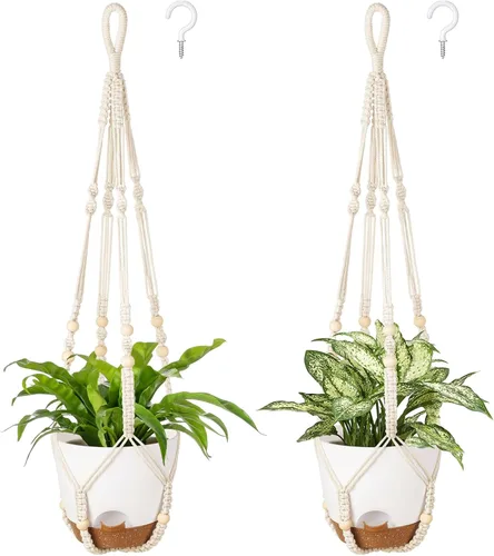 Vista 7 de Mkono Macetas colgantes de 6.5 pulgadas, colgadores de macramé con macetas de riego automático para interiores, juego de 2 cestas colgantes