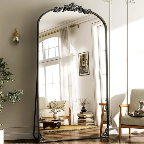 Vista 2 de GLSLAND Espejo Vintage - 72" x 44" Espejo de Cuerpo Completo Grande Tallado Arqueado con Marco de Metal Barroco Espejos de Cuerpo Completo para Negro