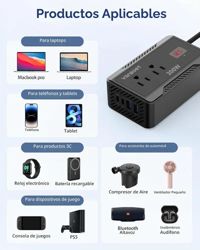 Vista 7 de Inversor de corriente de 200W para automóvil, DC 12V a 110V AC, convertidor con [PD 30W y 15W] USB C de carga rápida/3.0A, puertos de carga USB Negro