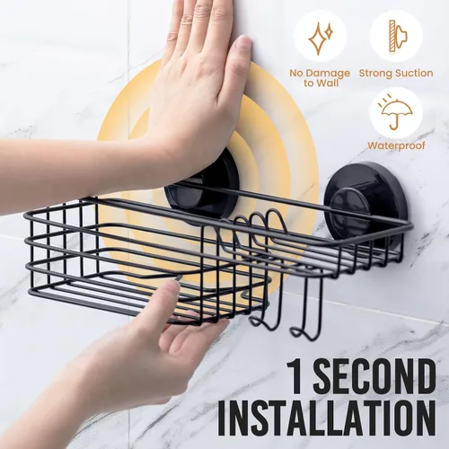 Vista 2 de LEVERLOC Organizador de ducha con ventosa, estante de baño negro con gancho y soporte para jabón, organizador de baño sin taladro