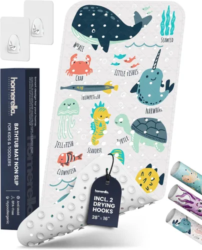 Vista 21 de Homerella - Alfombrilla de baño antideslizante y antideslizante para niños, 40 x 16 pulgadas, sin BPA, incluye 2 ganchos, tapete de ducha lavable