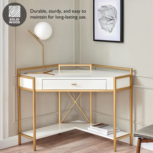 Vista 7 de Leick Home 9230-WTGL Claudette - Escritorio de oficina con esquina de metal y madera mixta con cajón frontal para teclado, blanco/dorado satinado