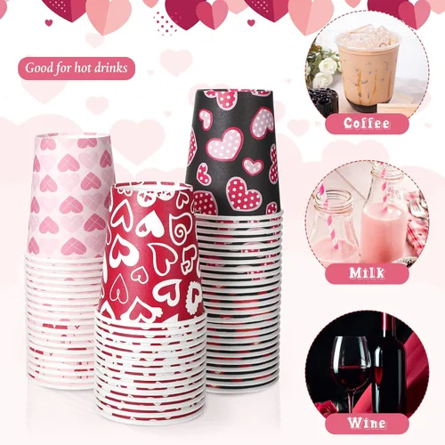 Vista 7 de Roowest 144 vasos desechables para el día de San Valentín, vasos de papel de corazón de 9 onzas, tazas de café de San Valentín para té, bebidas