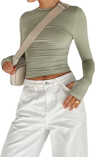 Vista 3 de Camisa sexy de manga larga para mujer, casual, lisa, ajustada, blusa corta Y2K