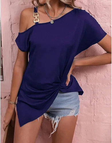 Vista 5 de Blusa sexy de manga corta para mujer, con hebilla de metal, asimétrica, con correa de hebilla de metal