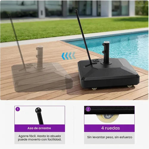 Vista 4 de PURPLE LEAF Base de sombrilla para mercado al aire libre con asa, soporte ponderado rellenable de 250 libras, 4 ruedas de polietileno de alta