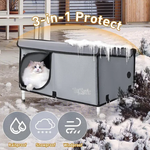 Vista 3 de Casa para gatos al aire libre elevada, casa para gatos salvajes aislada al aire libre para invierno, cama para gatos impermeable con almohadón
