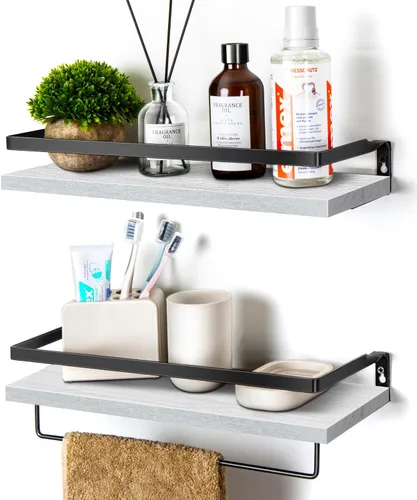 Vista 10 de Estantes flotantes para pared, estantes de baño con toallero, estantes de almacenamiento montados en la pared para cocina, baño, juego de 2 Marrón