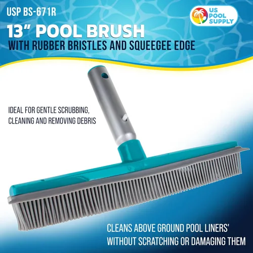 Vista 2 de U.S. Pool Supply Cepillo de piscina de 13 pulgadas con cerdas de goma y borde de escobilla – Seguro para revestimientos de vinilo, ideal