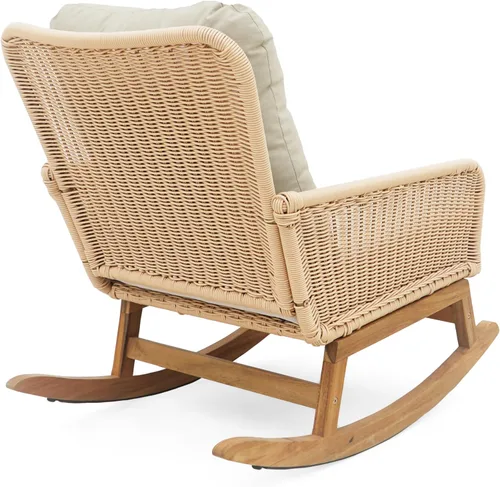 Vista 8 de Christopher Knight Home Nadine Mecedora de Patio, Mecedora de Mimbre, Mecedora de Patas de Madera, Silla de Mimbre de Ratán PE, Mecedora con Beige