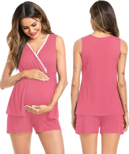 Vista 4 de SWOMOG Conjunto de pijama de maternidad para mujer con bata de 3 piezas, ropa de dormir sin mangas y pantalones cortos para embarazo