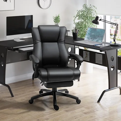 Vista 2 de Executive High Back Office Chair Executive Computer Desk Chair with PU Leather, Adjustable Height and Retractable Footrest, Black