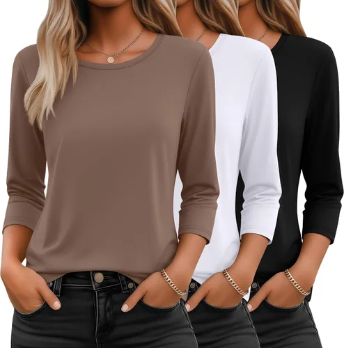 Vista 14 de Ficerd Paquete de 3 camisetas de manga 3/4 para mujer, cuello redondo, camisetas básicas elegantes, casuales, modernas, holgadas
