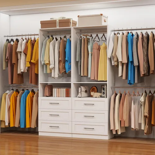 Vista 4 de Sistema de armario con 2 juegos, sistema organizador de armario de 4 pies a 15 pies con 6 cajones de madera, sistema de almacenamiento de armario