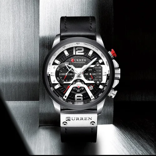 Vista 2 de Reloj de pulsera analógico de cuarzo para hombre, cronógrafo, impermeable, correa de cuero, correa de cuero, reloj de pulsera