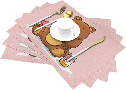 Vista 6 de 6 PCS PVC Placemats Set Place Mats Bear Holding Bottle of Honey Non-Slip Weave Place Mats 12" x 18" Farmhouse Table Mat Set for Family Dinners