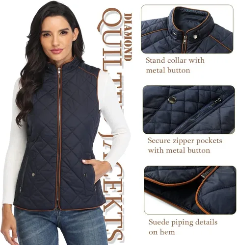 Vista 2 de Dilgul Chaleco acolchado para mujer, cuello alto, con cremallera, acolchado ligero y moderno