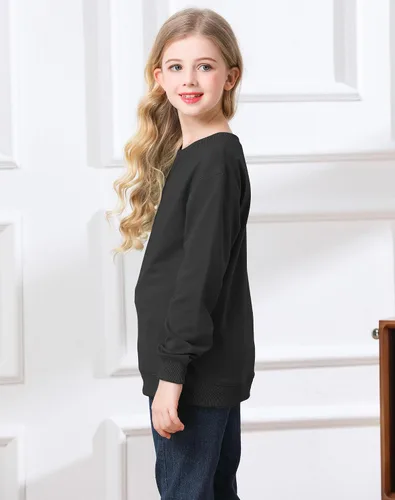 Vista 4 de Bingerlily Sudadera casual de manga larga para niñas, cuello redondo, linda sudadera holgada, tops Negro
