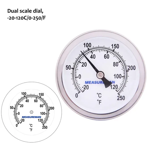 Vista 5 de MEASUREMAN Termómetro bimetálico de agua caliente, esfera de 2-1/2", vástago de latón sin plomo de 1-3/4", rango de 0-250 grados F/-20-120 grados C
