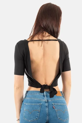 Vista 4 de GUESS Camiseta de manga corta con cuello redondo y lazo en la espalda para mujer